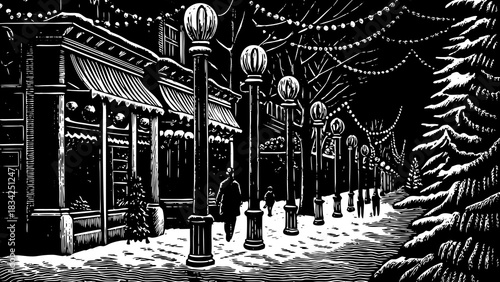snowy street illuminated by festive garlands, black and white sketch lanterns, and glowing storefronts, creating a charming holiday atmosphere ideal for Christmas 2026 designs