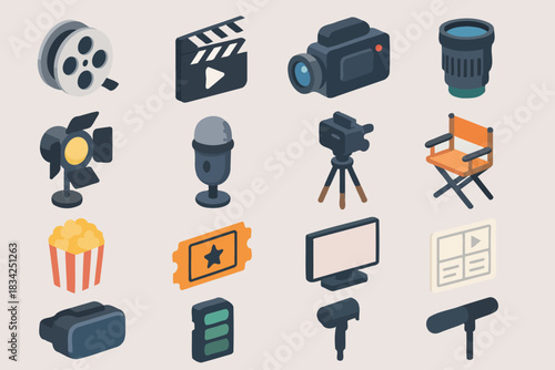 Isometric movie and filmmaking icons: camera, microphone, director's chair, film reel, clapperboard