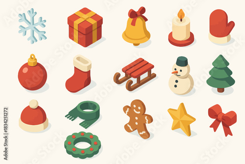 Isometric winter holiday icons: snowflake, present, candle, snowman, tree, sleigh, gingerbread