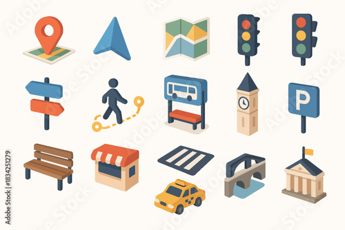 Isometric urban icons: navigation, transport, and city landmarks set