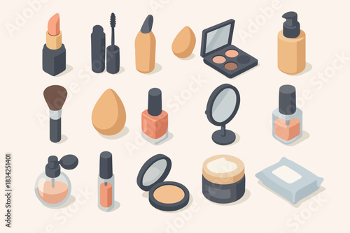 Isometric makeup collection with lipstick, mascara, brushes, and more