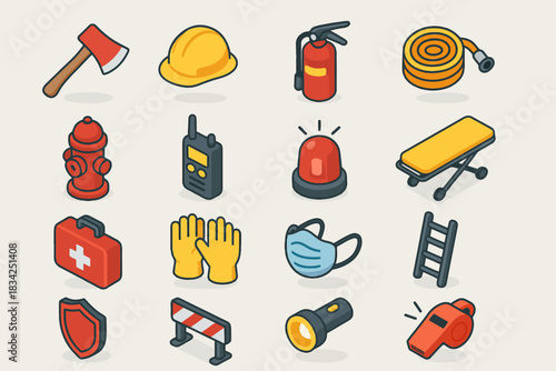 Collection of firefighting equipment: safety tools and gear icons