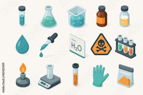 Isometric laboratory equipment icons: flasks, chemicals, safety, and tools