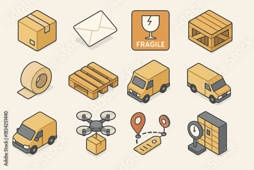 Delivery and packaging icons: boxes, trucks, drones, and more