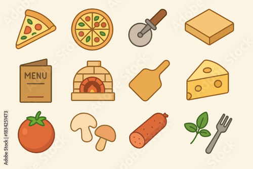 Pizza elements: slice, ingredients, tools, and oven in icon set