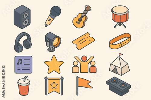Music and festival icons: instruments, tickets, activities, and gear