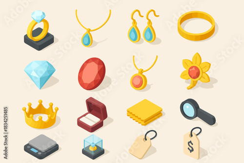 Colorful isometric jewelry and accessories collection on cream background