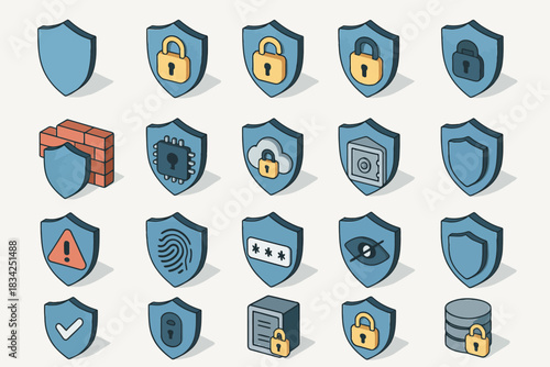 Security icon set featuring shields, locks, and technology elements