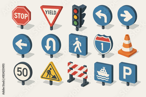 Isometric traffic and road signs set including stop, yield, and construction