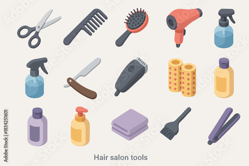 Essential hair salon tools: scissors, comb, hair dryer, clipper, spray bottle