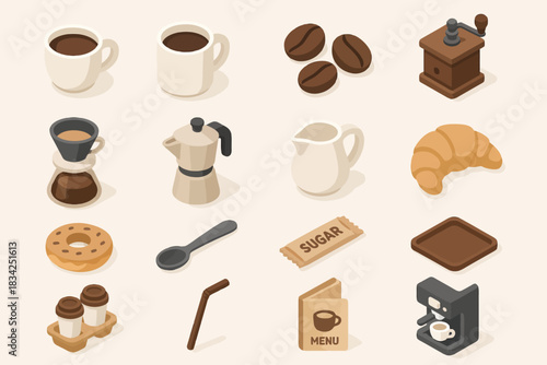 Isometric coffee elements: cups, grinder, beans, and pastries collection