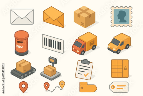 Postal and delivery icon set featuring envelopes, trucks, and barcodes