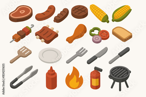 Barbecue essentials: grilled meats, vegetables, condiments, and utensils for outdoor cooking
