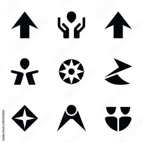 Set of nine black abstract icon symbols for navigation and people