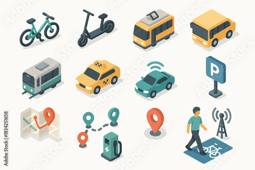 Isometric urban transport icons: bikes, cars, buses, and gps navigation symbols