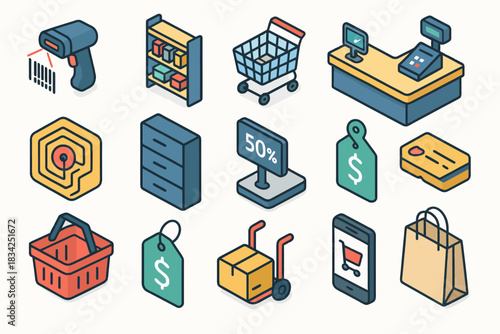 Retail shopping icons: barcode scanner, shopping cart, cash register, discount tags, mobile shopping