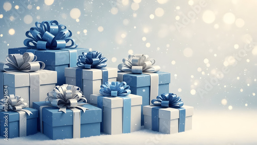 Elegant christmas gifts stacked with snow falling background