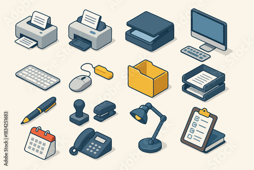 Isometric office equipment set with printer, computer, and accessories