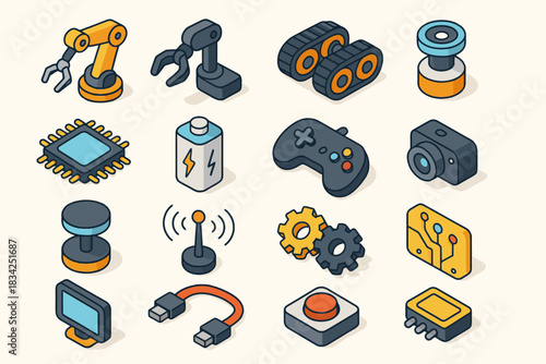 Isometric technology icons featuring robotics, gaming, and electronics components