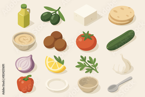 Collection of mediterranean ingredients in illustrated style on beige background