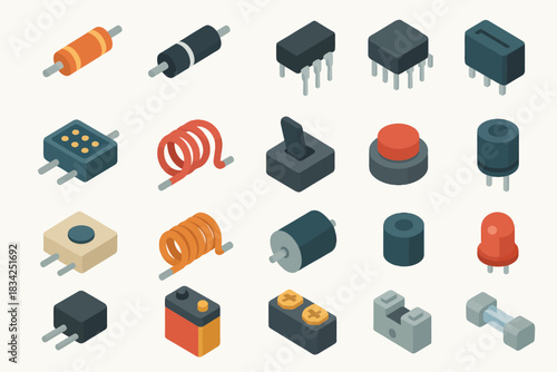Collection of isometric electronic components including switches and resistors