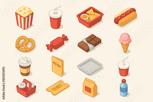 Assorted snack icons: popcorn, drinks, hot dogs, and more