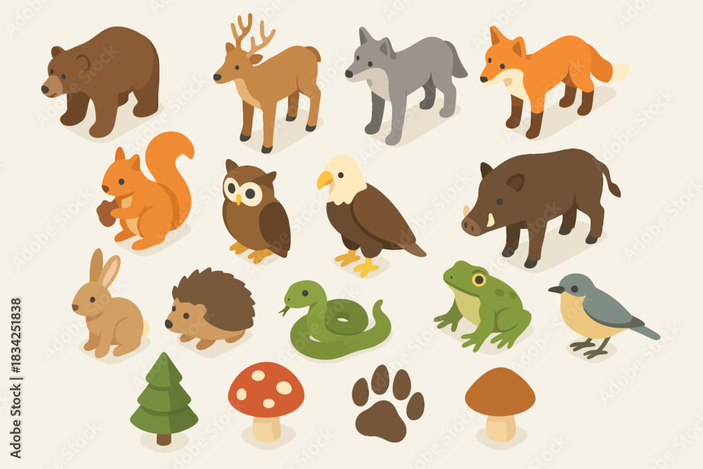 Fototapeta premium Isometric forest animals and nature elements collection with trees and mushrooms