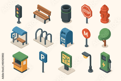Isometric urban icons: traffic light, bench, stop sign, mailbox, bus stop, parking, hydrant, tree