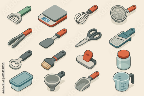 Collection of modern kitchen tools and utensils in vibrant colors