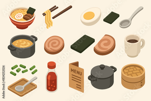 Isometric japanese cuisine icons: ramen, sushi, dumplings, egg, and more