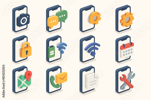 Isometric smartphone app icons: camera, chat, settings, security, wifi, calendar, map, call, mail, tools