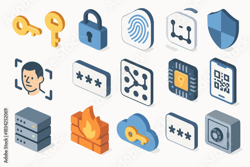 Cybersecurity icons: keys, locks, biometrics, firewalls, cloud, and privacy symbols