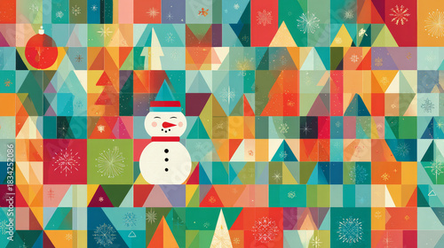 A vibrant mosaic design featuring a snowman, Christmas tree, and stars
