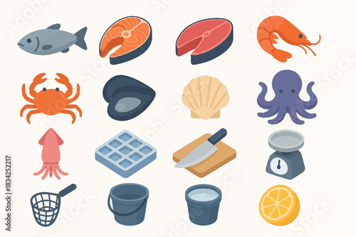 Seafood and kitchen items: fish, crab, chef tools, lemon, scales, and more