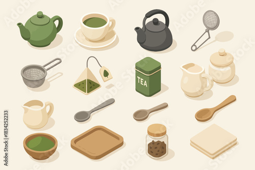 Isometric tea set with teapots, cups, and kitchen utensils on beige background