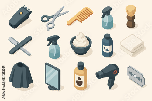 Barber tools: clippers, scissors, comb, spray bottles, shaving cream, towel, mirror, razor blade