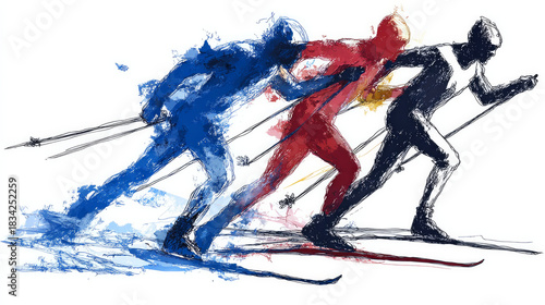 Three cross-count cross-country skiers in a stylised drawing