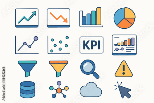 Colorful business analytics and data visualization icons