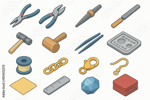 Isometric jewelry making tools and supplies collection