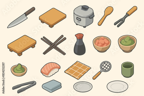 Japanese cuisine tools and ingredients: chopsticks, wasabi, sushi roll, soy sauce, rice cooker