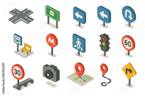 Isometric road sign icons collection featuring various traffic symbols