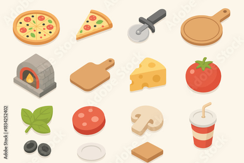 Pizza ingredients and utensils icons: pizza cutter, cheese, tomato, olive, drink