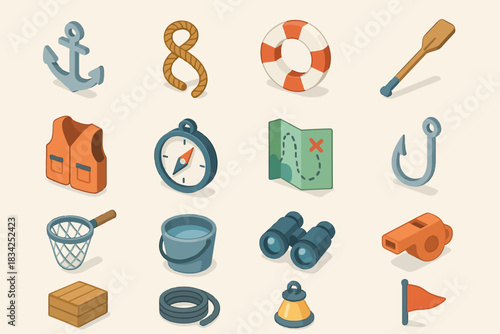 Set of nautical and marine icons: compass, anchor, life vest, rope, map, fishing gear