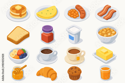 Variety of breakfast foods including pancakes, omelet, and coffee