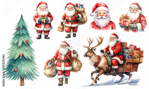Collection of charming watercolor illustrations featuring Santa Claus in various festive poses, accompanied by a Christmas tree and a reindeer-drawn sleigh laden with gifts