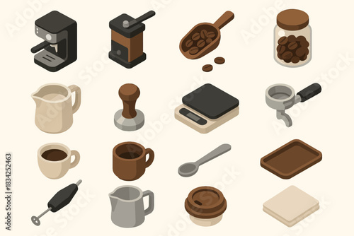 Isometric coffee tools and accessories collection for home brewing enthusiasts