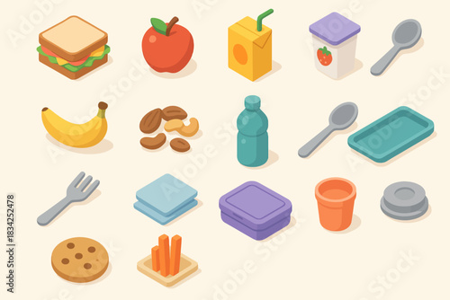 Colorful isometric food and utensils: lunchbox, fruits, snack items