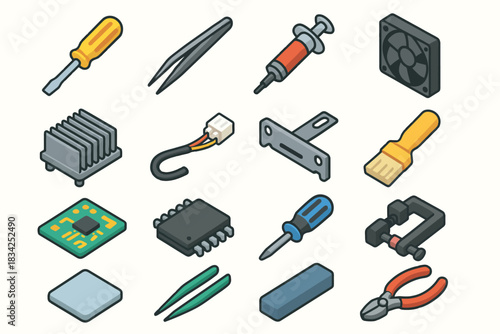 Isometric icons of computer tools and components for repair and maintenance
