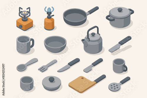 Isometric kitchen utensils collection including cookware and cutlery