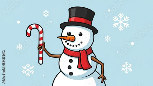 A charming cartoon snowman wearing a black top hat and red scarf holds a striped candy cane against a light blue background with snowflakes falling